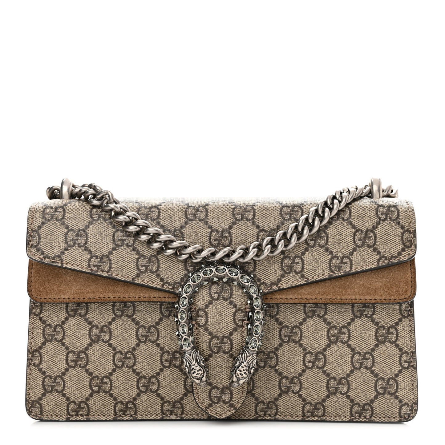 GG Supreme Monogram Suede Crystal Small Dionysus Shoulder Bag Beige Ebony Taupe