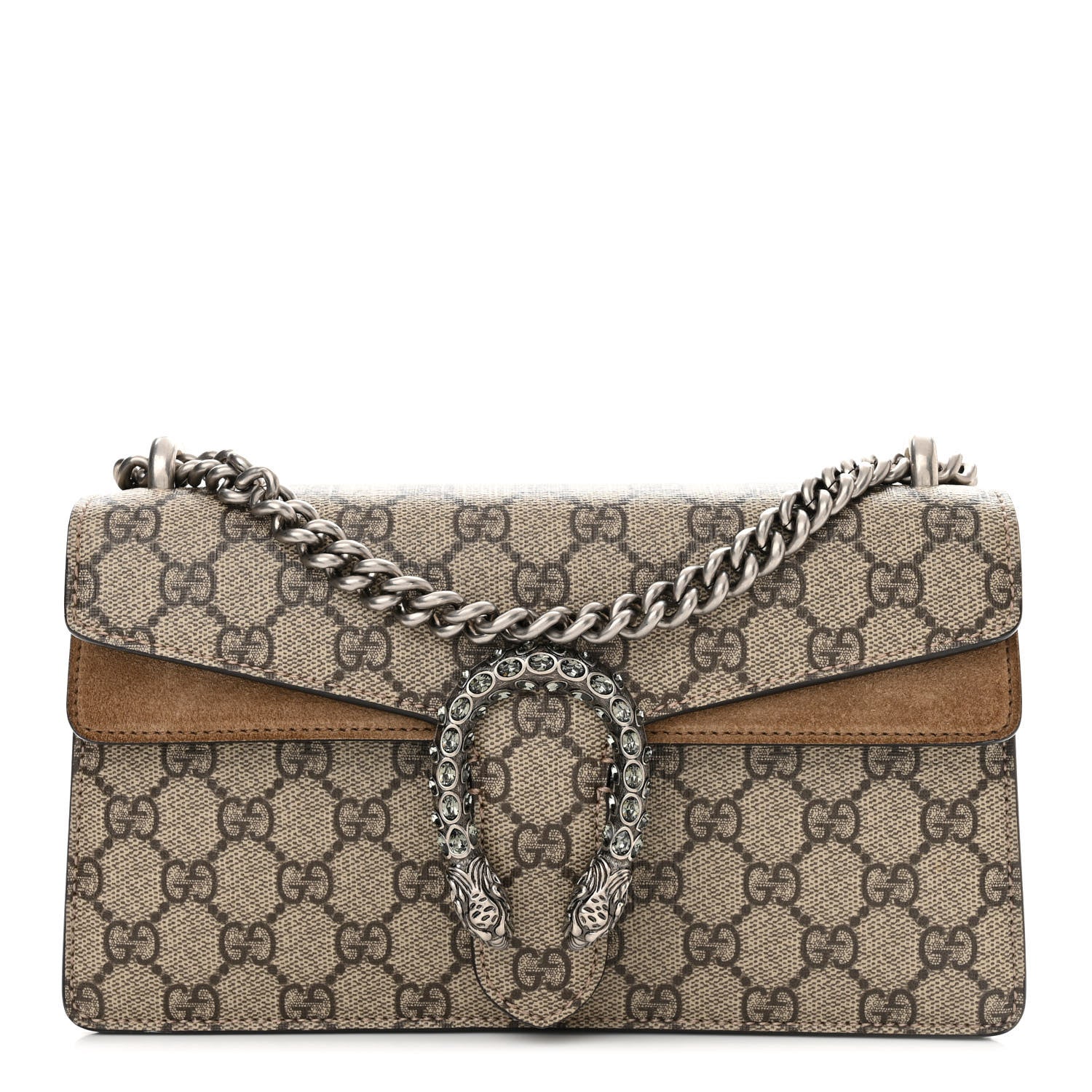 Gucci GG Supreme Monogram Suede Crystal Small Dionysus Shoulder Bag Beige Ebony Taupe 1 of 13