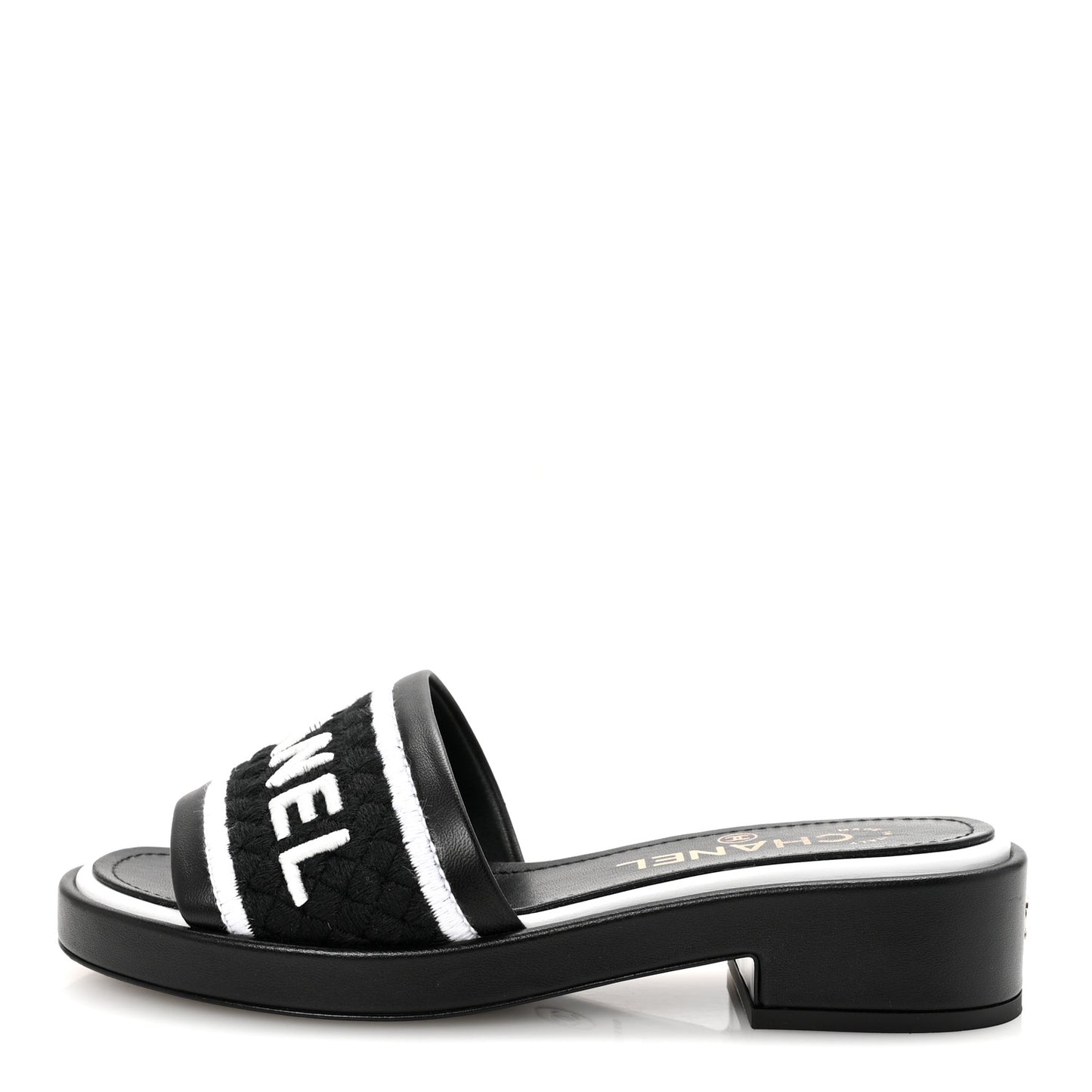 Lambskin Embroidered CC Mule Sandal 35 Black White