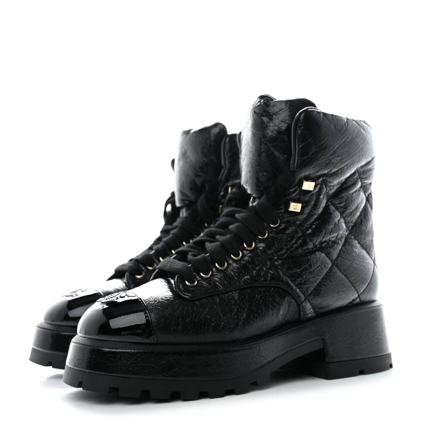 Crumpled Patent Lambskin Calfskin Quilted Lace Up Combat Boots 39 Black