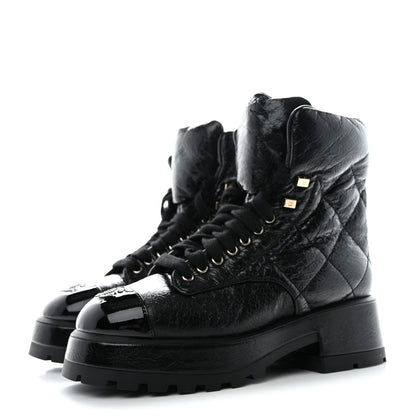 Chanel Crumpled Patent Lambskin Calfskin Quilted Lace Up Combat Boots 39 Black 3 of 8