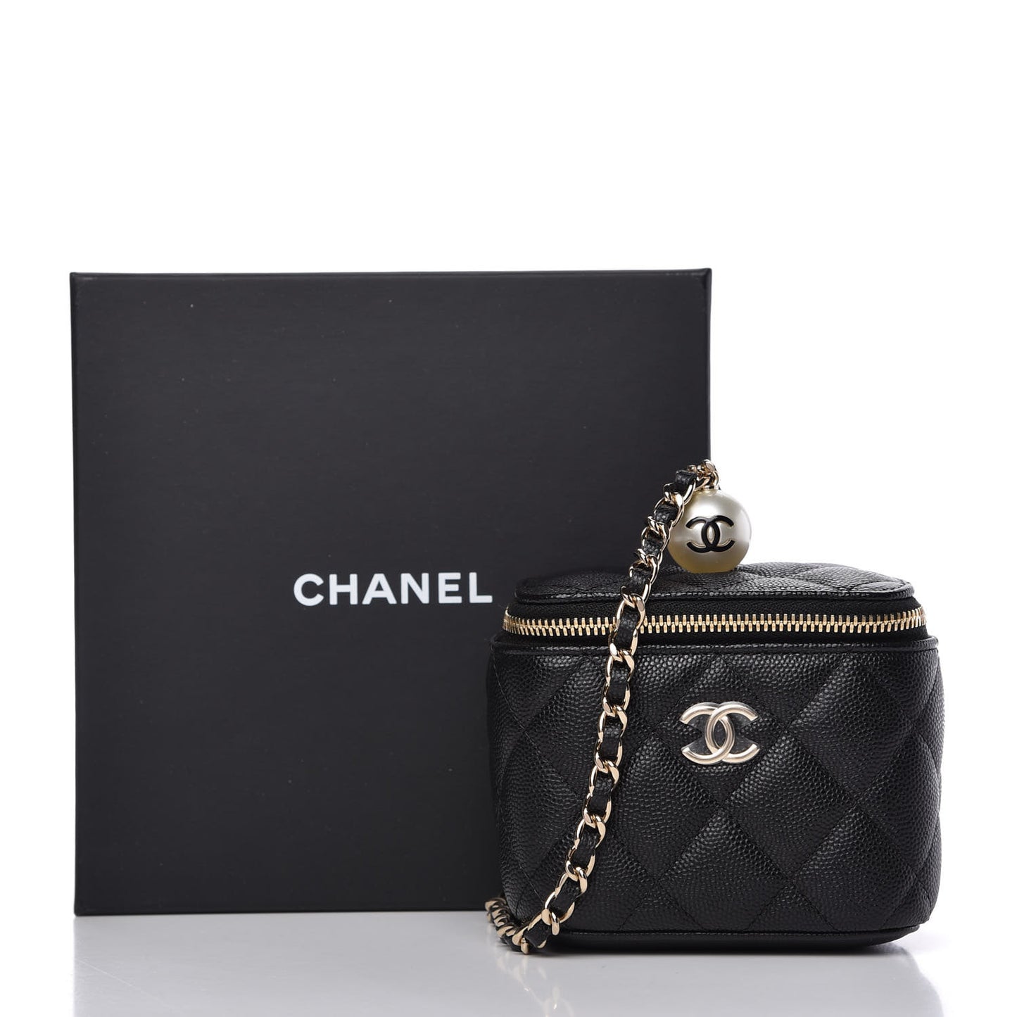 Caviar Quilted Mini Pearl On Top Vanity Case With Chain Black