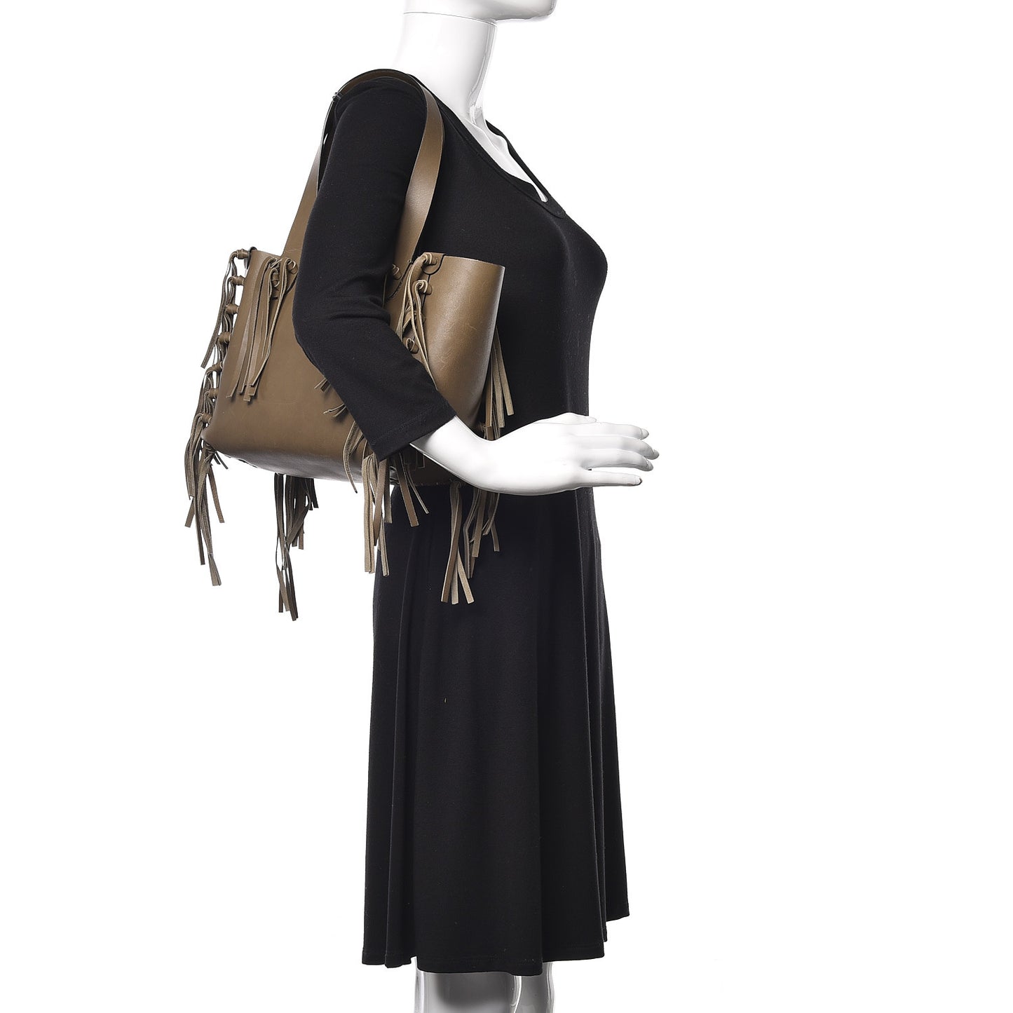 Grained Calfskin Small C-Rockee Fringe Tote Army Green