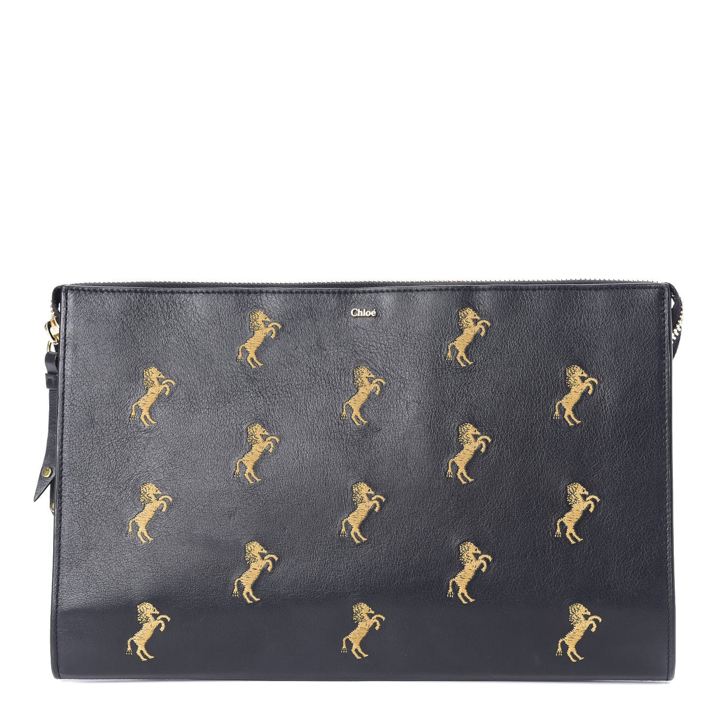 Smooth Calfskin Little Horses Embroidered Pouch Black
