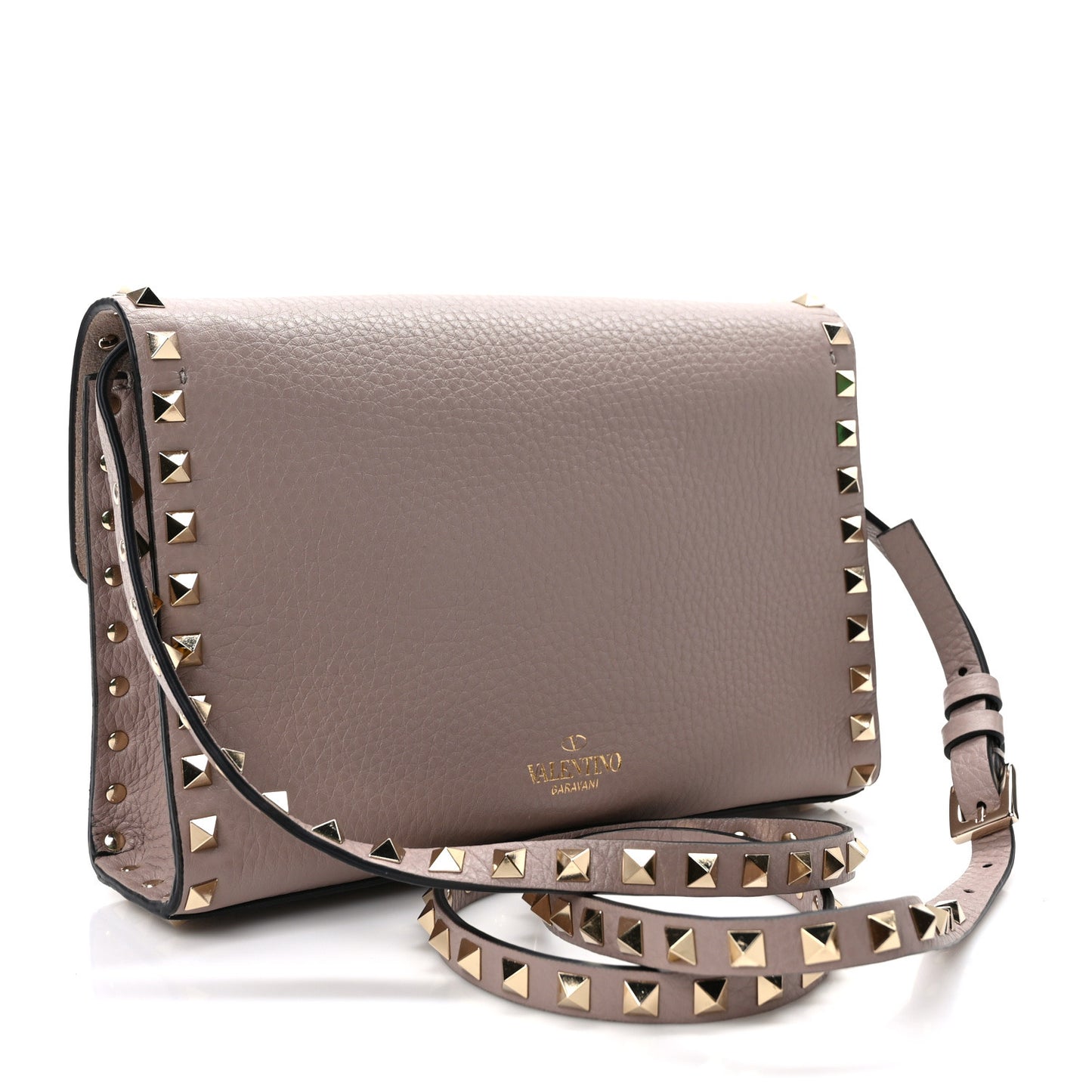 Pebbled Calfskin Medium Rockstud Flip Lock Crossbody Bag Clay