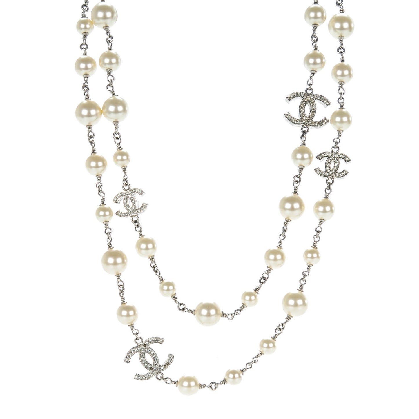 Crystal Pearl CC Long Necklace Silver