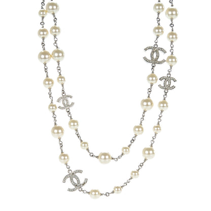 Chanel Crystal Pearl CC Long Necklace Silver 1 of 5