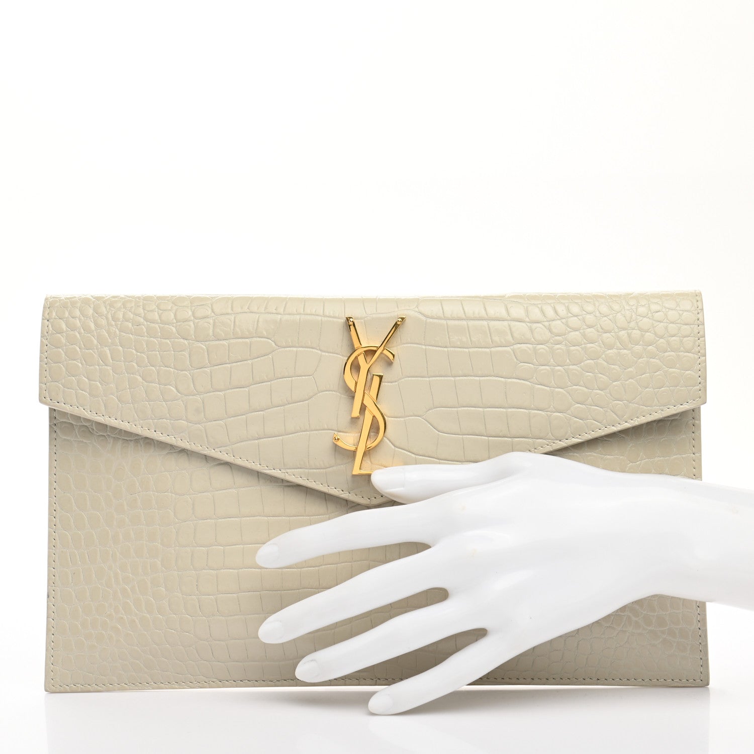 Saint Laurent Calfskin Crocodile Embossed Uptown Monogram Pouch Crema Soft 2 of 7