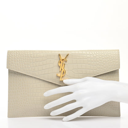 Saint Laurent Calfskin Crocodile Embossed Uptown Monogram Pouch Crema Soft 2 of 7