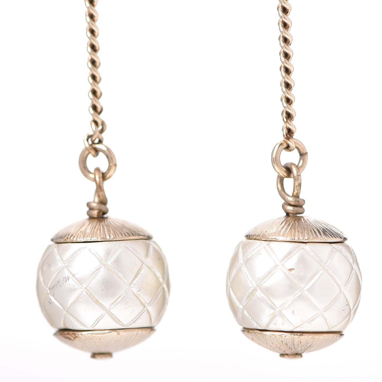 Metal Pearl Quilted CC Drop Earrings Gold