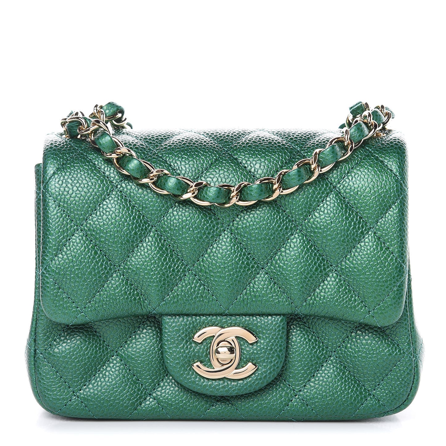 Metallic Caviar Quilted Mini Square Flap Green