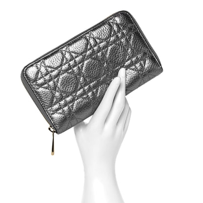 Christian Dior Metallic Grained Calfskin Cannage Lady Dior Zip Wallet Steel 2 of 7