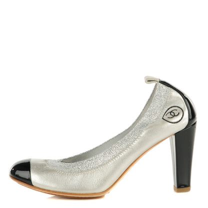 Chanel Metallic Lambskin Elastic Patent Cap Toe Pumps 37 Silver Black 1 of 7