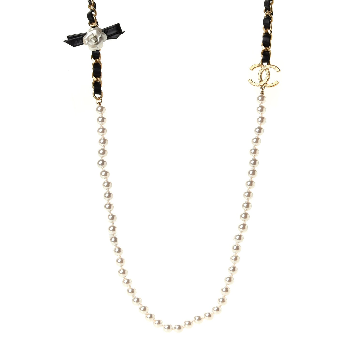 Calfskin Pearl Chain 90's Camellia Long Necklace Black Gold