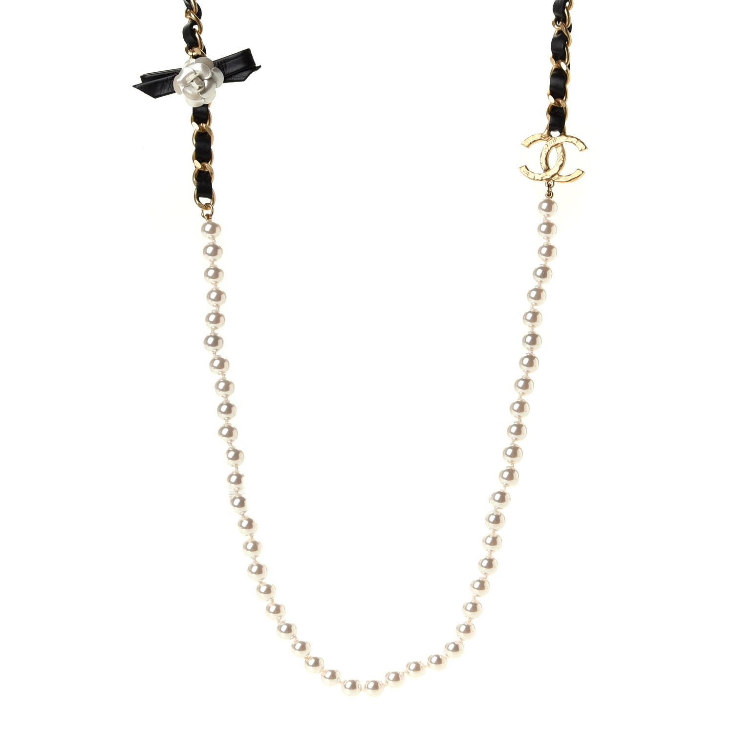 Chanel Calfskin Pearl Chain 90's Camellia Long Necklace Black Gold 1 of 4