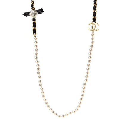 Chanel Calfskin Pearl Chain 90's Camellia Long Necklace Black Gold 1 of 4