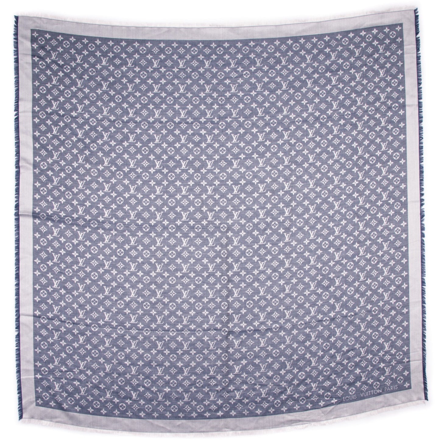Wool Silk Monogram Denim Shawl Blue