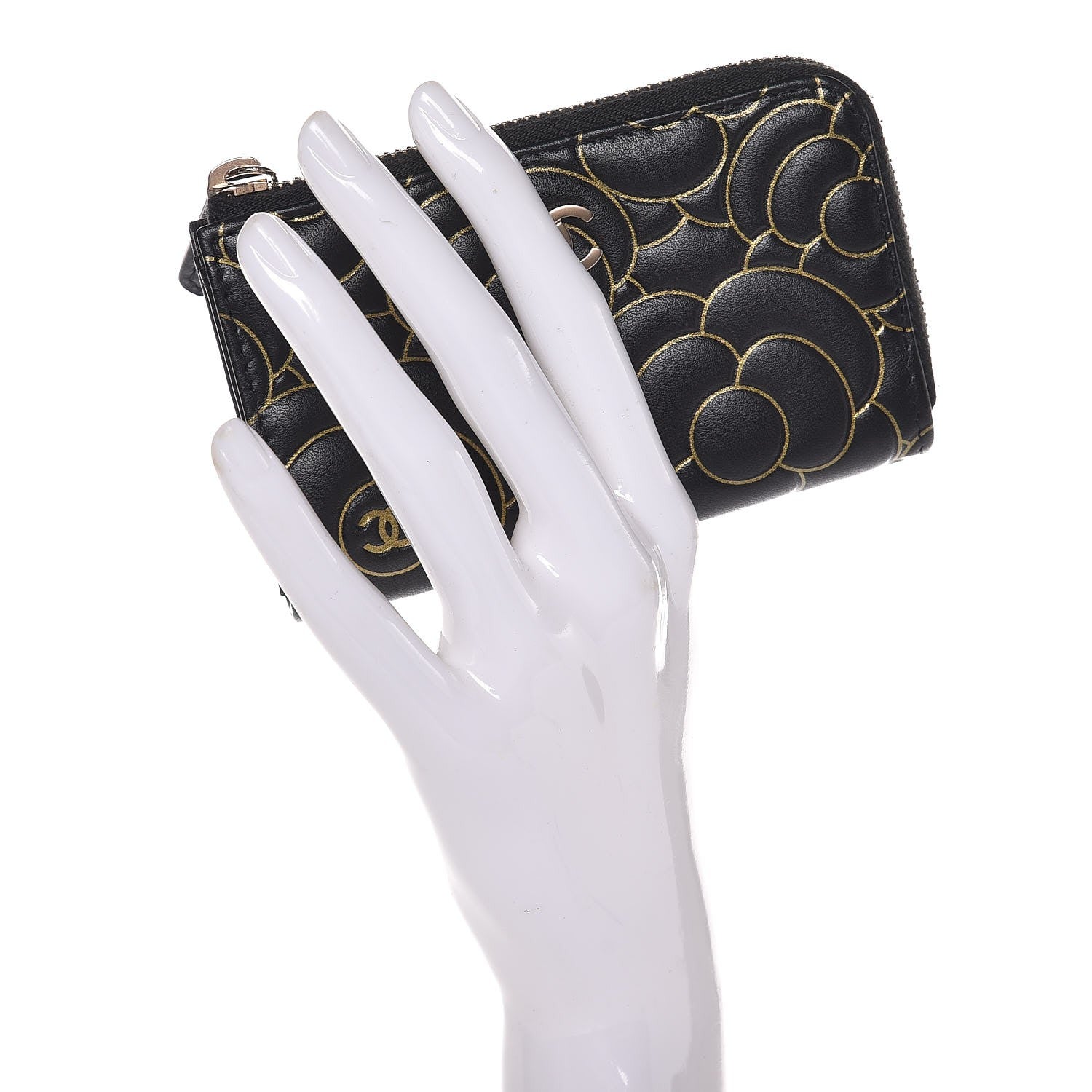 Chanel Lambskin Camellia Embossed Key Holder Case Black Gold 2 of 8