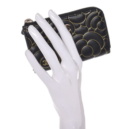 Chanel Lambskin Camellia Embossed Key Holder Case Black Gold 2 of 8