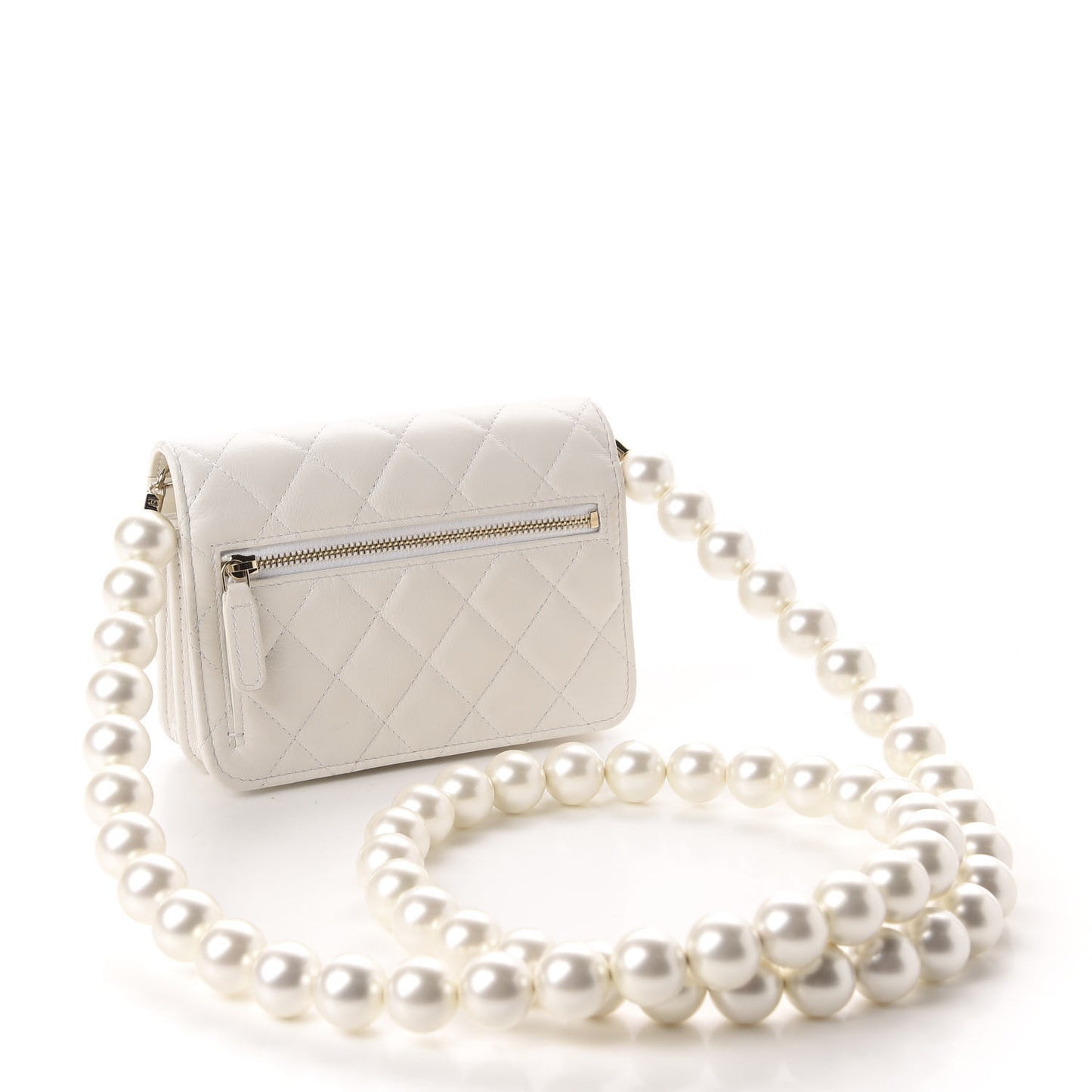 Calfskin Quilted CC Pearl Mini Wallet On Chain Flap White