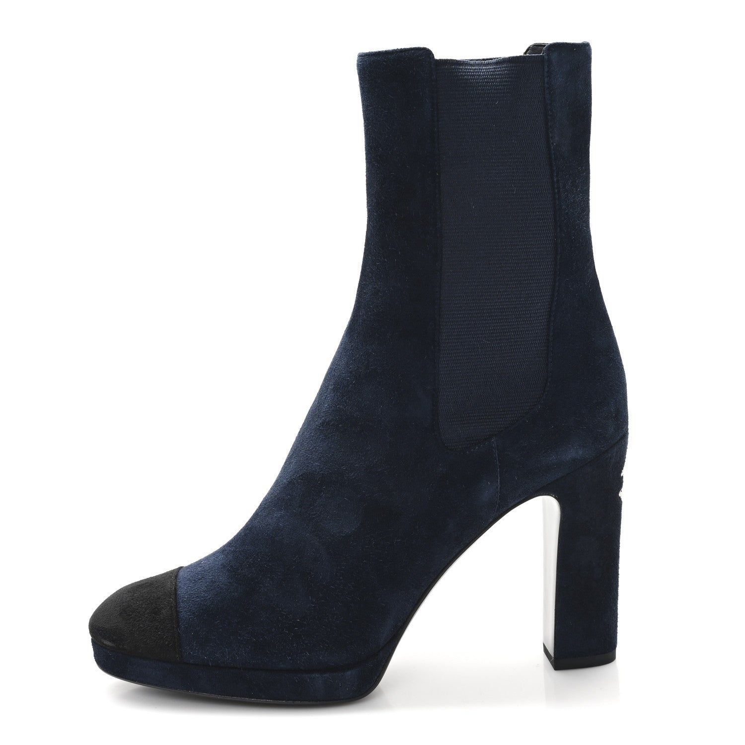 Chanel Suede Pearl CC Ankle Boots 38.5 Navy Blue 1 of 9
