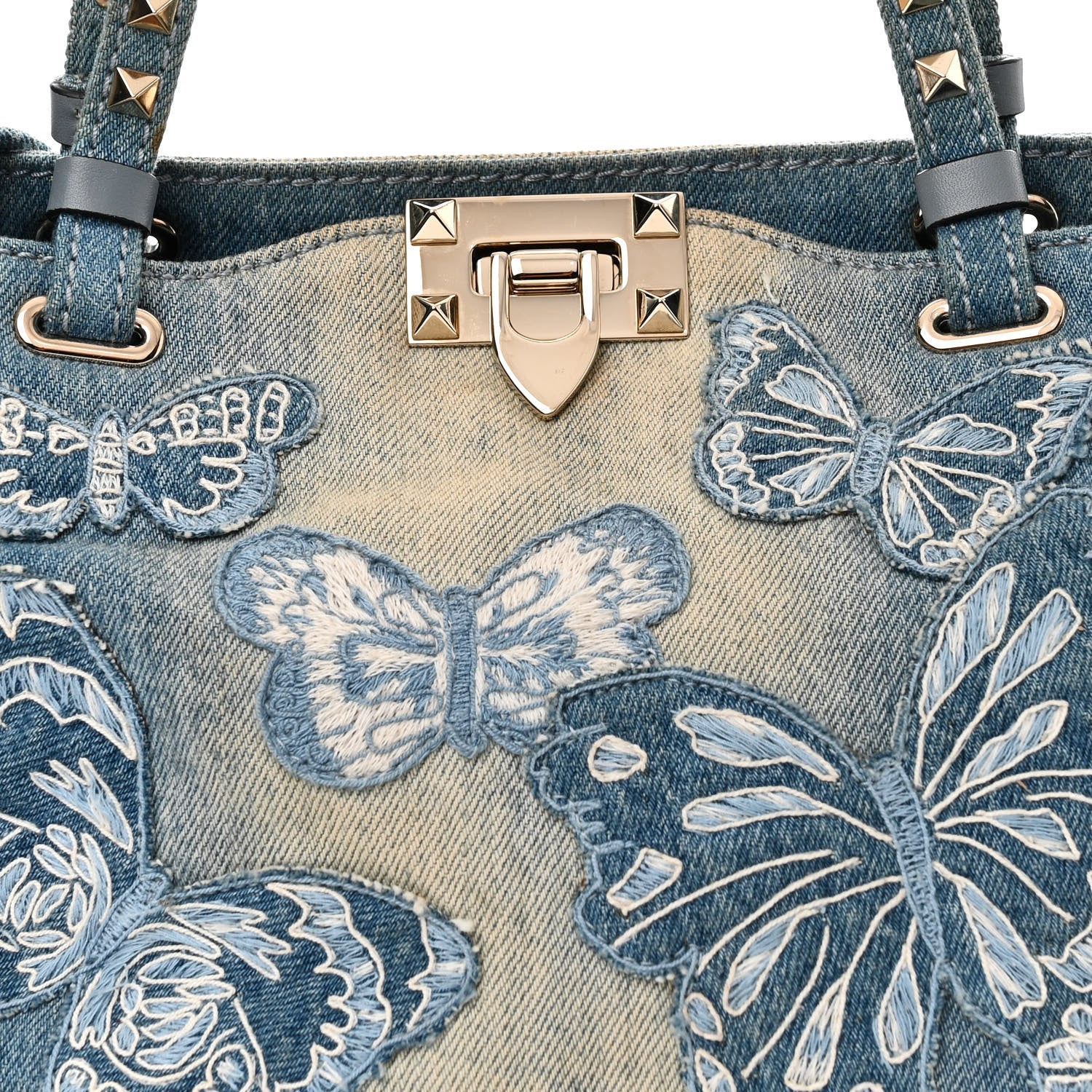 Valentino Garavani Denim Butterfly Embroidered Small Rockstud Tote Light Denim 7 of 9
