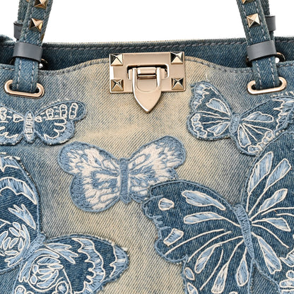 Valentino Garavani Denim Butterfly Embroidered Small Rockstud Tote Light Denim 7 of 9