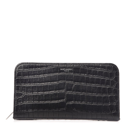 Saint Laurent Calfskin Crocodile Embossed Mens Zip Around Continental Wallet Black 1 of 13