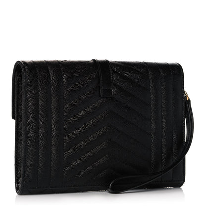 Saint Laurent Grain De Poudre Textured Mixed Matelasse Triquilt Monogram Clutch Black 3 of 12
