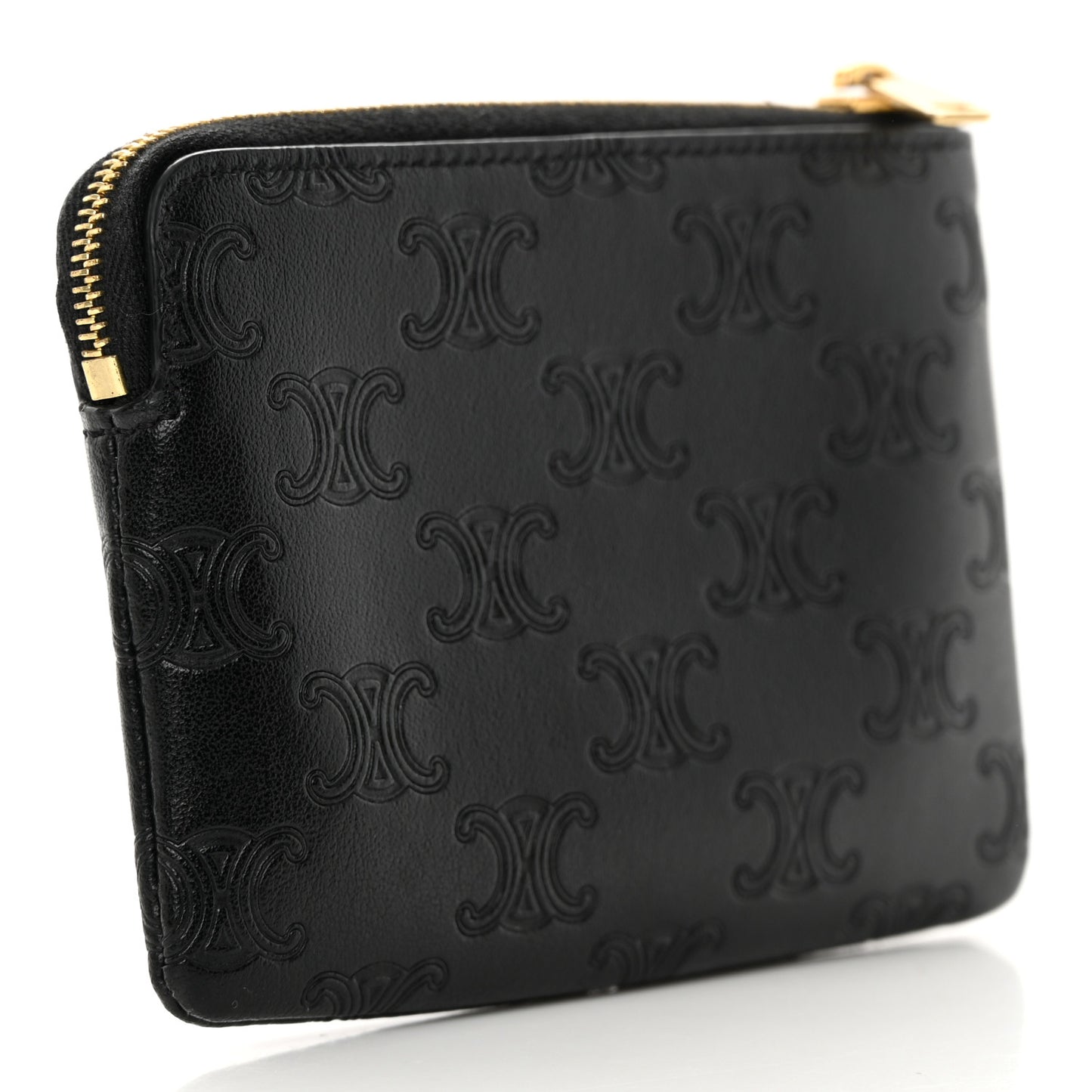 Smooth Calfskin Triomphe Embossed Coin and Card Pouch Black