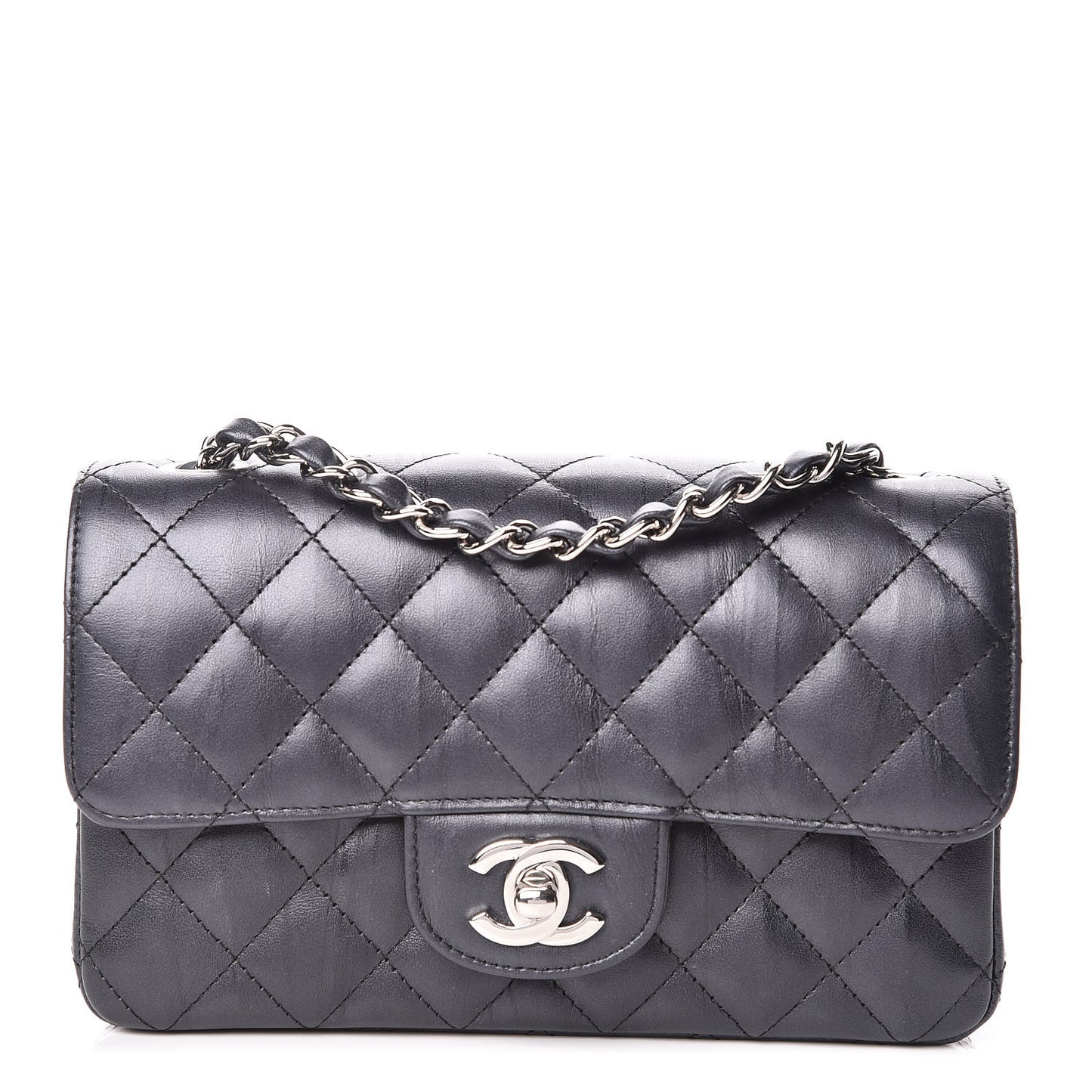 Iridescent Calfskin Quilted Mini Rectangular Flap Charcoal