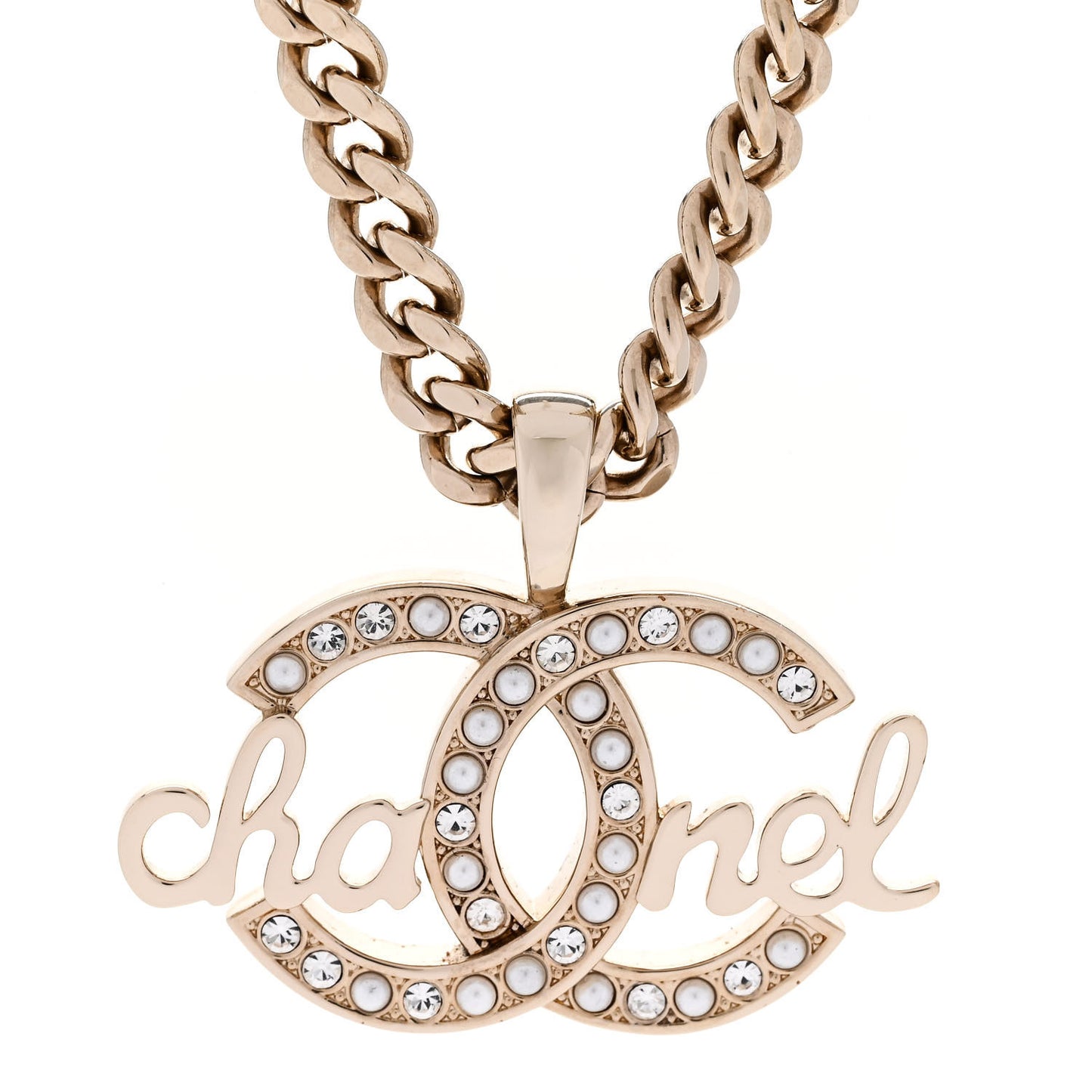 Metal Crystal Pearl Logo Chain Link CC Necklace Gold