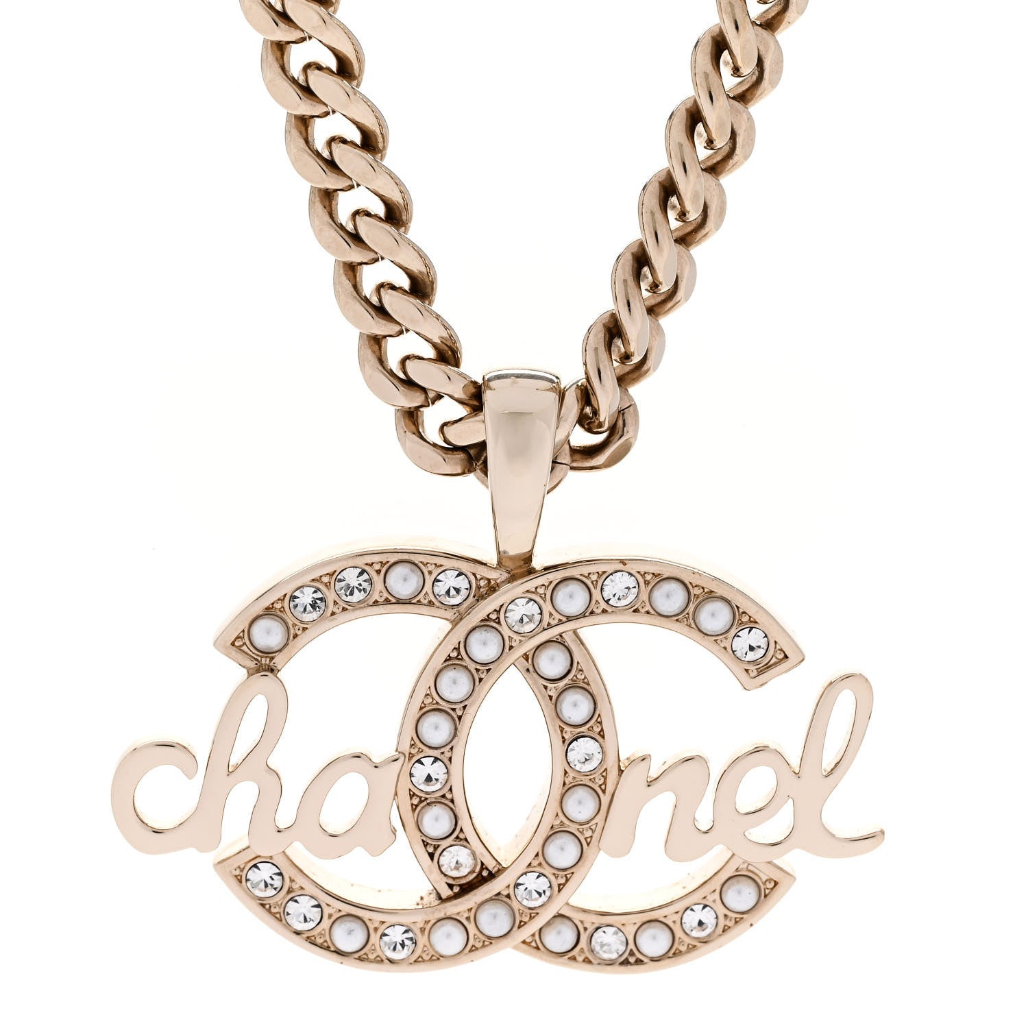 Chanel Metal Crystal Pearl Logo Chain Link CC Necklace Gold 4 of 6