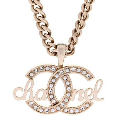 Chanel Metal Crystal Pearl Logo Chain Link CC Necklace Gold 4 of 6