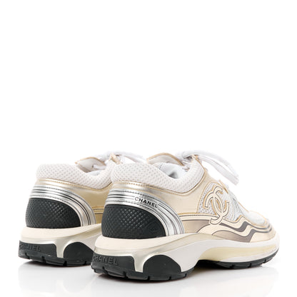 Chanel Fabric Laminated Calfskin Stretch CC Womens Sneakers 37.5 White Gold Silver 4 of 8