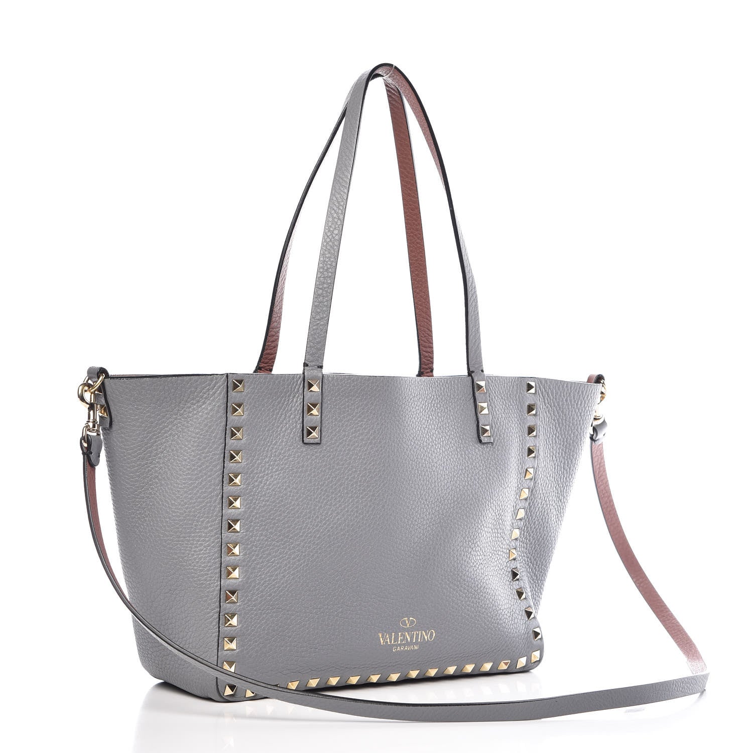 Valentino Garavani Grained Calfskin Small Rockstud Reversible Tote Grey Dark Rose 7 of 19