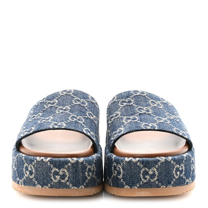 Gucci New Denim GG Monogram Angelina Platform 55mm Slide Sandals 37.5 Blue Tea 3 of 9