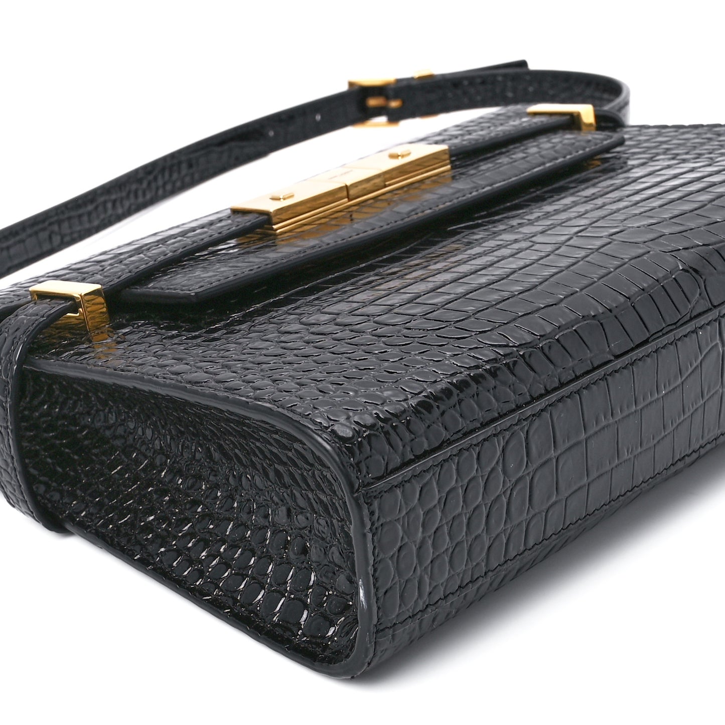 Shiny Calfskin Crocodile Embossed Small Manhattan Baguette Black