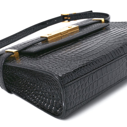 Saint Laurent Shiny Calfskin Crocodile Embossed Small Manhattan Baguette Black 10 of 12
