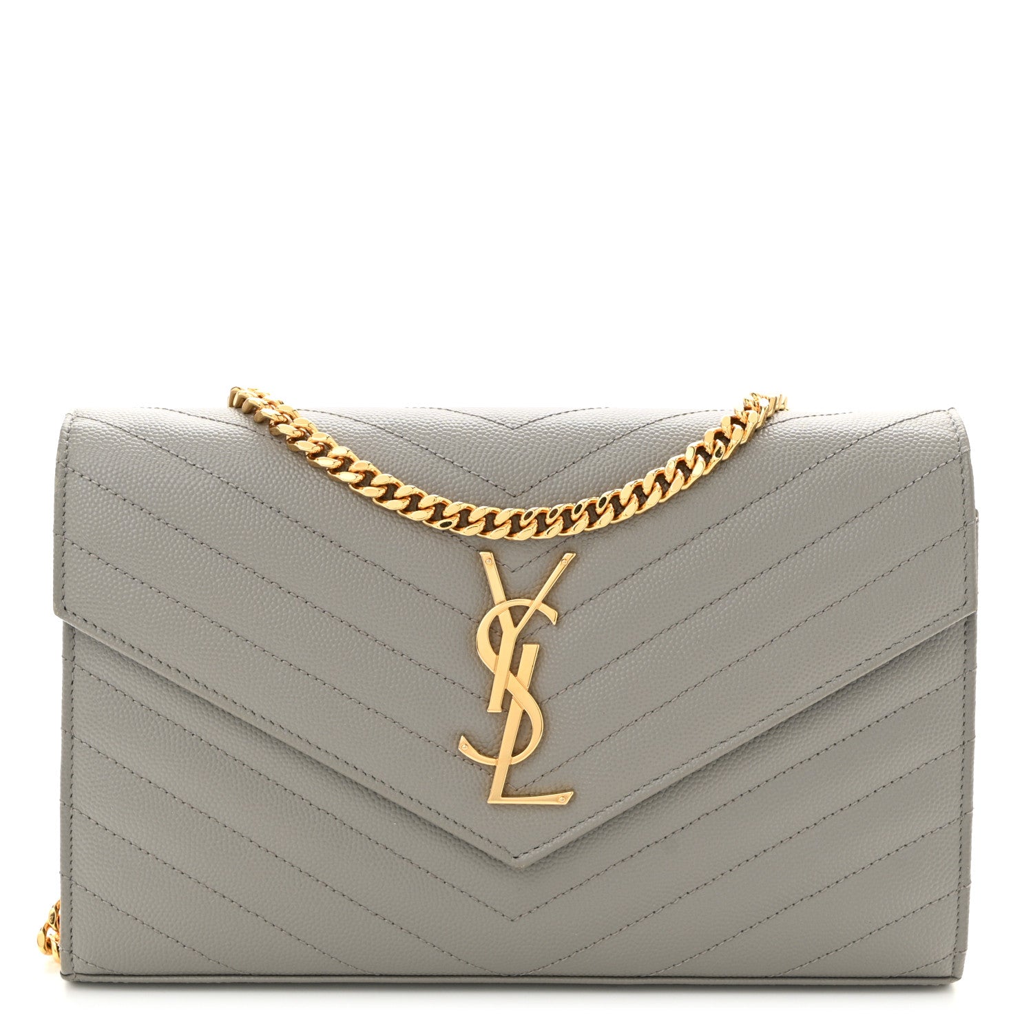 Saint Laurent Grain De Poudre Matelasse Chevron Monogram Chain Wallet Fog 1 of 12