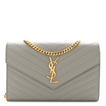 Saint Laurent Grain De Poudre Matelasse Chevron Monogram Chain Wallet Fog 1 of 12