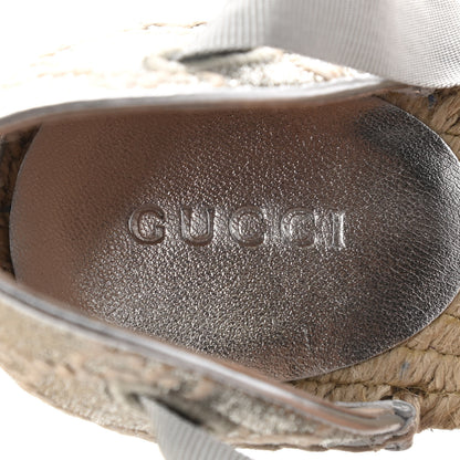 Gucci Lame GG Monogram Ankle Wrap Platform Espadrille Wedges 36 Silver Beige Light Grey 7 of 10
