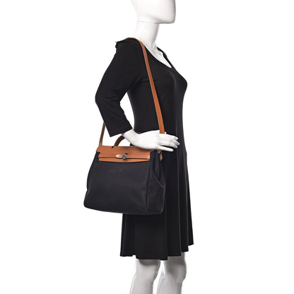 Hermes Toile Vache Calfskin Herbag 30 PM Black Natural 2 of 16