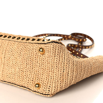 Valentino Garavani Raffia Calfskin Small Rockstud Tote Naturale Saddle Brown 8 of 8