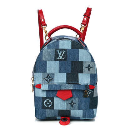 Louis Vuitton Denim Damier Monogram Patchwork Palm Springs Backpack Mini Blue Rouge 1 of 9