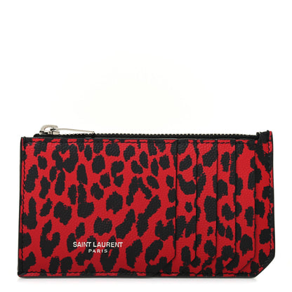 Saint Laurent Grain de Poudre Leopard Print 5 Fragments Zip Pouch Card Holder Red 1 of 7