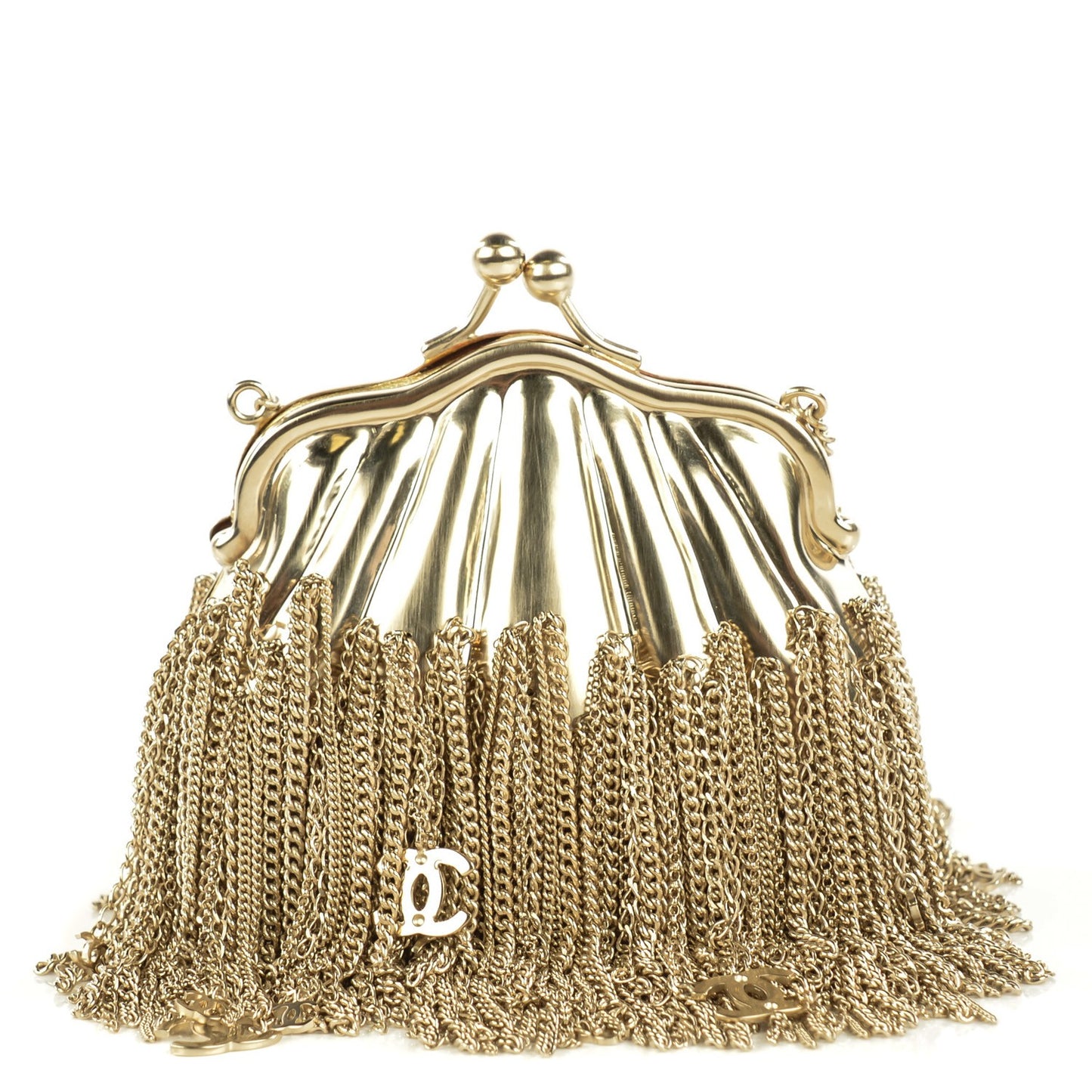 Metal Kiss Lock CC Chain Fringe Minaudière Clutch Gold