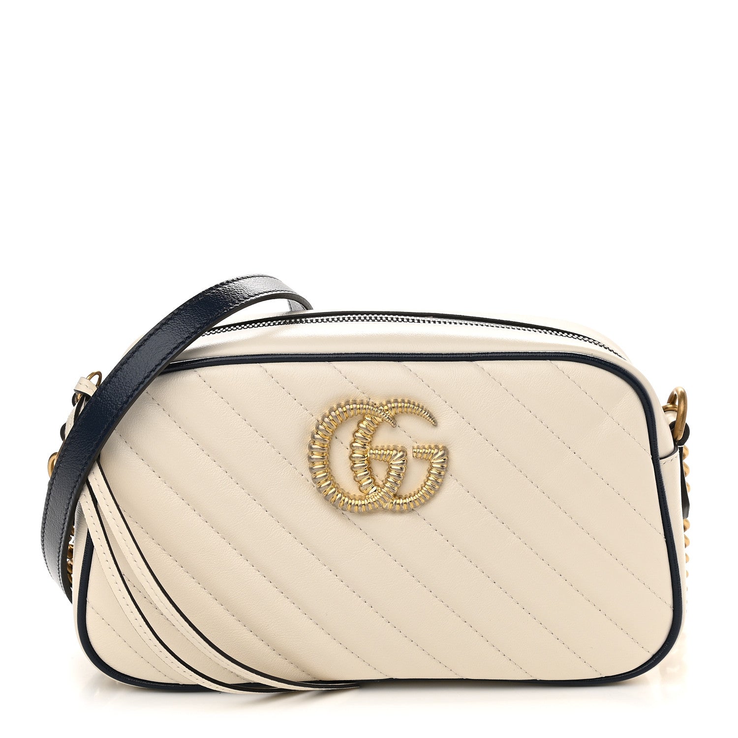 Gucci Vintage Effect Calfskin Matelasse Diagonal Small Torchon GG Marmont Chain Shoulder Bag Mystic White Blue Agata 1 of 9