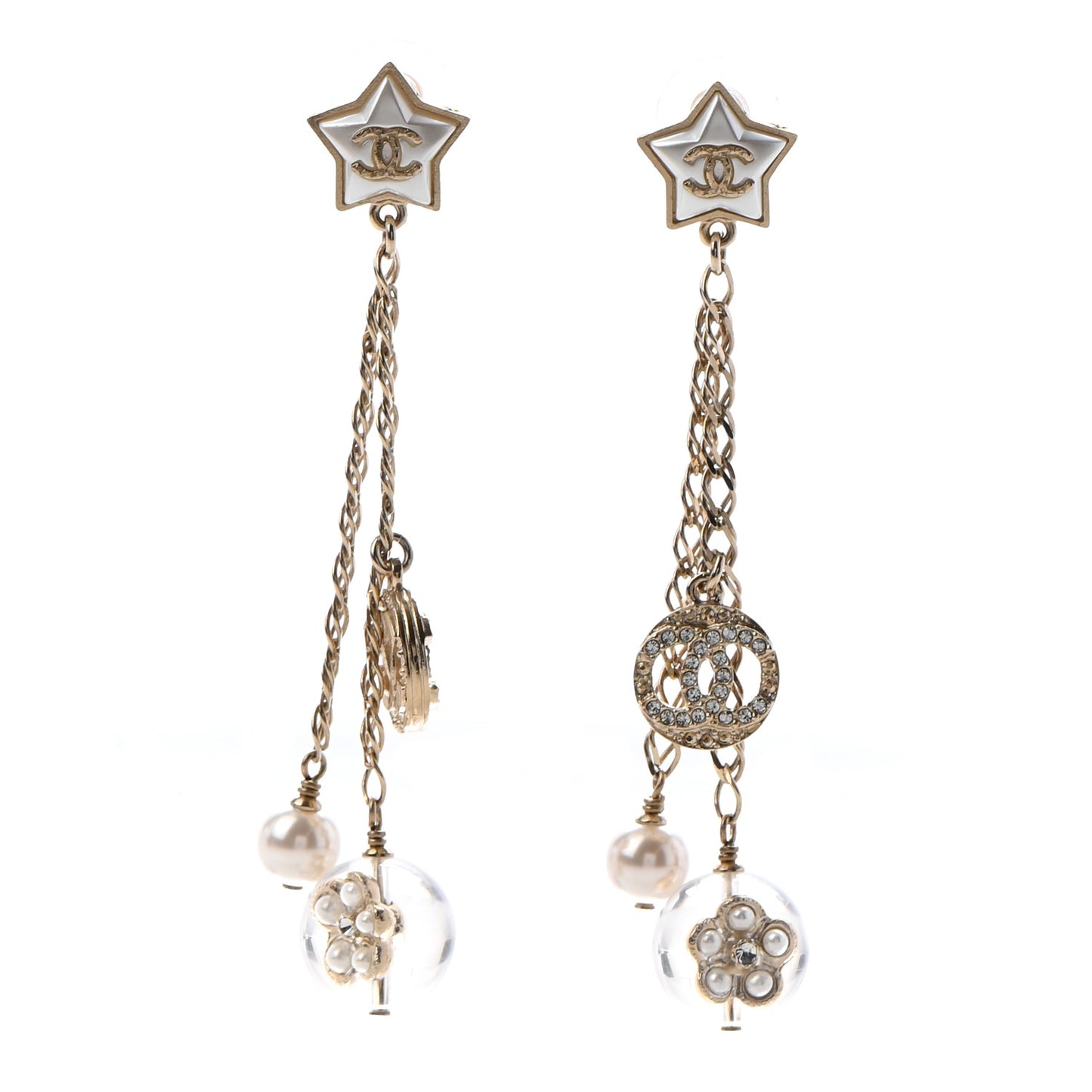 Crystal Pearl Resin CC Star Dangle Earrings Gold