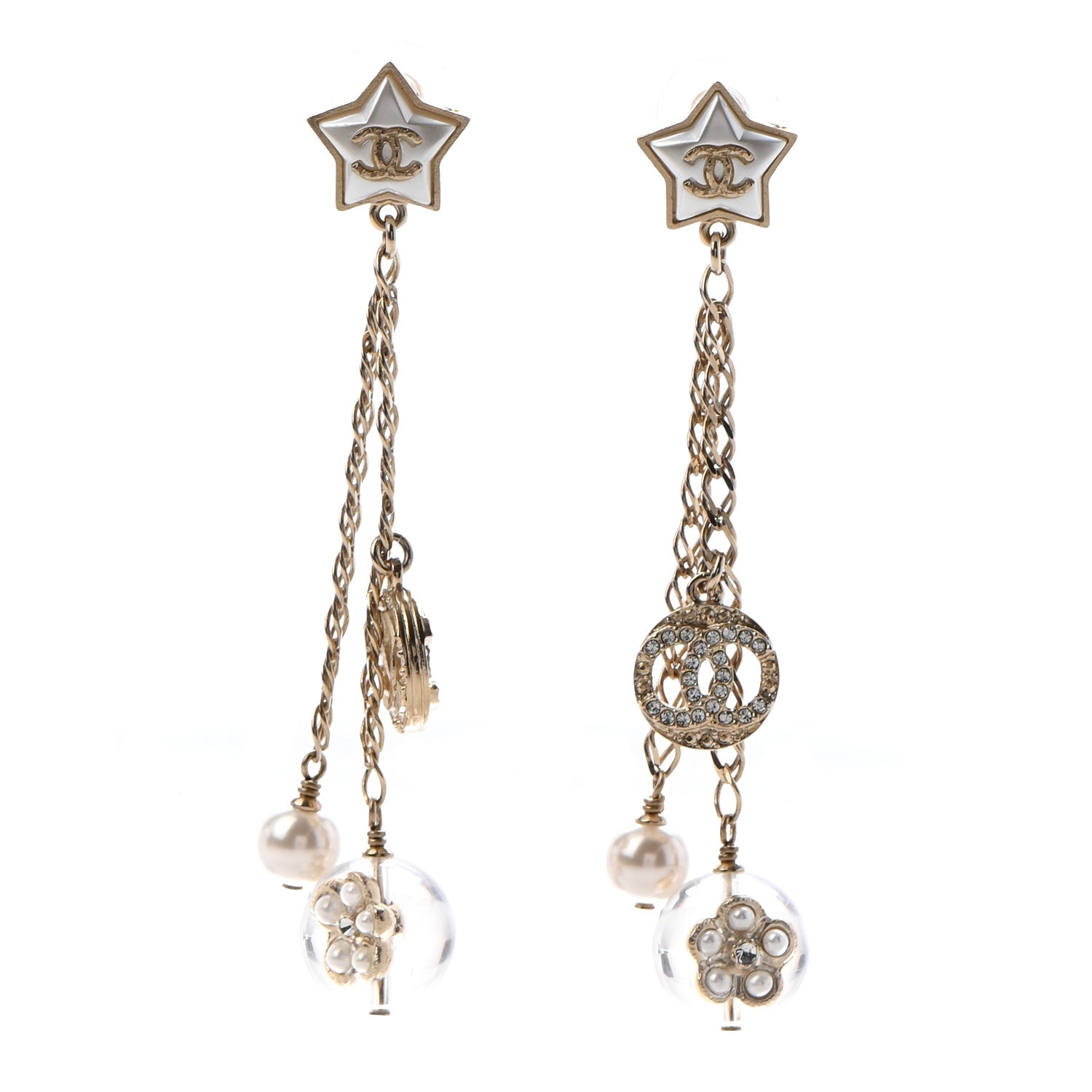 Chanel Crystal Pearl Resin CC Star Dangle Earrings Gold 1 of 4
